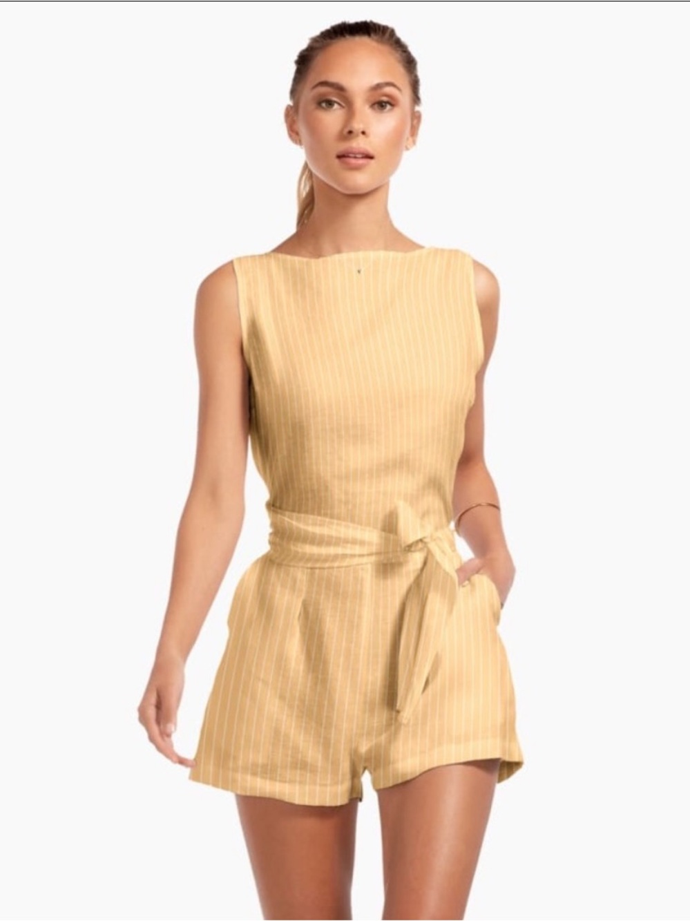 Vitamin A Martinique Wrap Romper 100% Linen Gold Stripe Size S